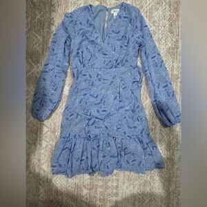 Japna Blue Leaf Pattern Long Sleeve Dress